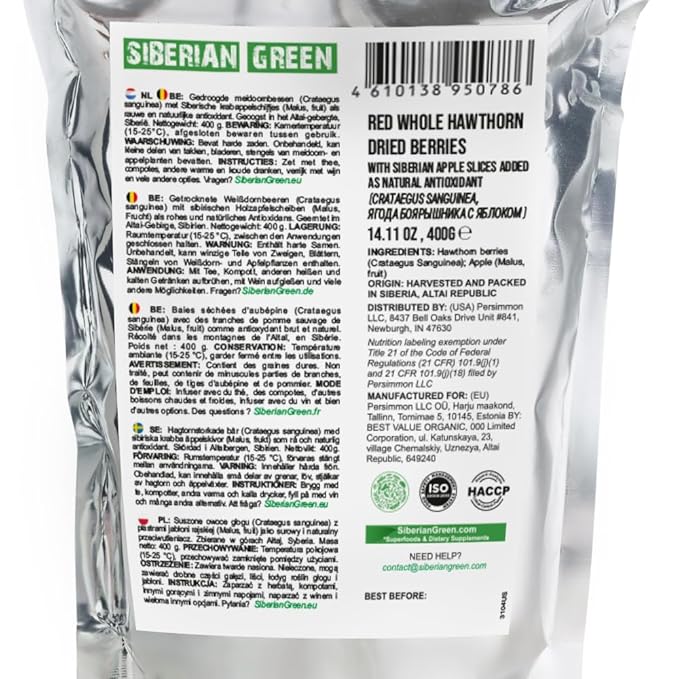 Siberian Green Whole Red Hawthorn Dried Berries 400g (14.11oz) Wild Harvested Crataegus Sanguinea from Altai with Apples slices as antioxidant
