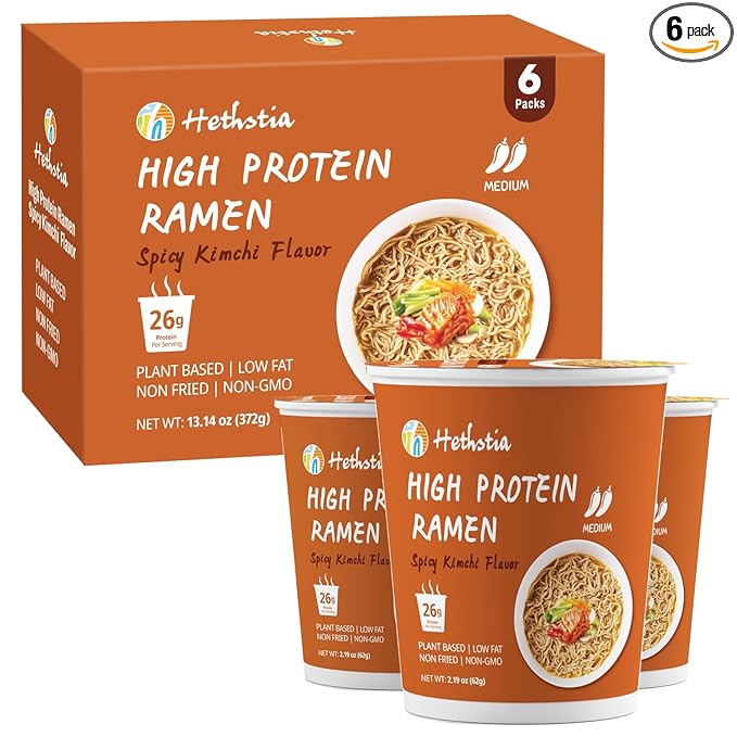 Hethstia High Protein (26g) Ramen Cup Noodles Spicy Kimchi Flavor 6 Count Plant Based Vegan Noodle Soup Non Fried Low Sugar Low Fat Ready to Eat Healthy Asian Meal &amp Holiday Gift