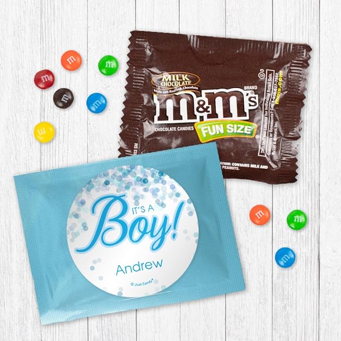 24ct It's a Boy Baby Shower Candy Favors Personalized M&ampM's Fun Size Bags (24 Pack) - Blue Foil - Fully Assembled (3x4 in) Baby Boy Birth Announcement Favor for Guests
