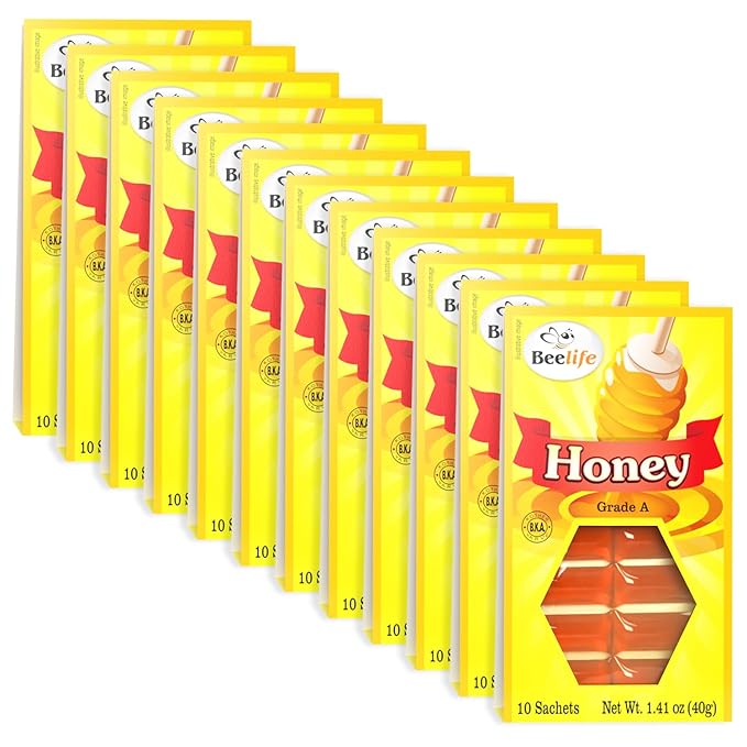 Beelife 100% Pure Raw and Unfiltered Honey Packets - Individual Honey Packets 120 Single serve Packets-10 Units - 12 Pack