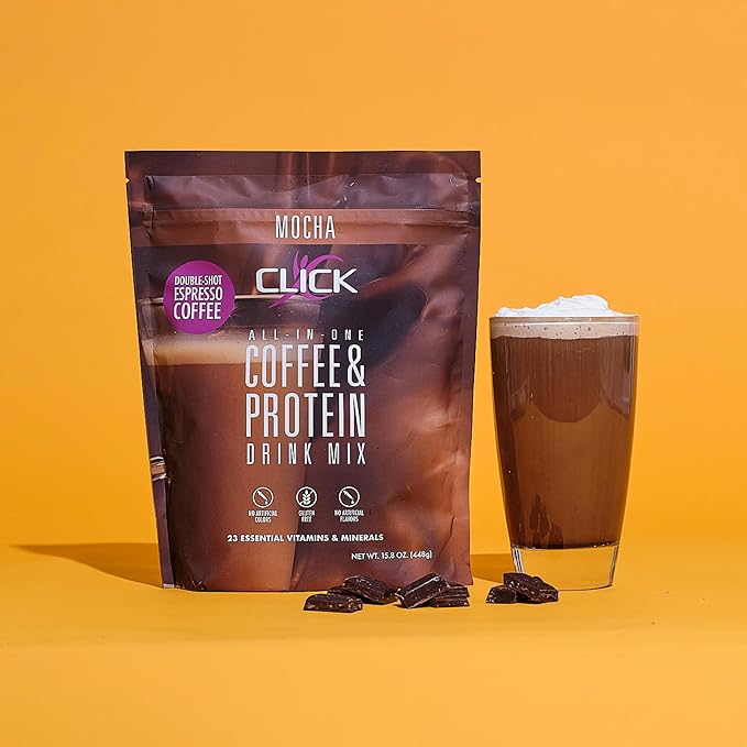 Click Coffee Protein Protein &amp Real Coffee All-in-One Meal Replacement Nutrition Drink Mocha Flavor 23 Essential Vitamins Double Shot Espresso Coffee Hot or Cold 15.8-Ounce