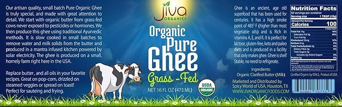 Organic Grass Fed Ghee 16 Ounce - Mantra Infused Traditional Ayurvedic Method - Non GMO Pasture Raised - By Jiva Organics