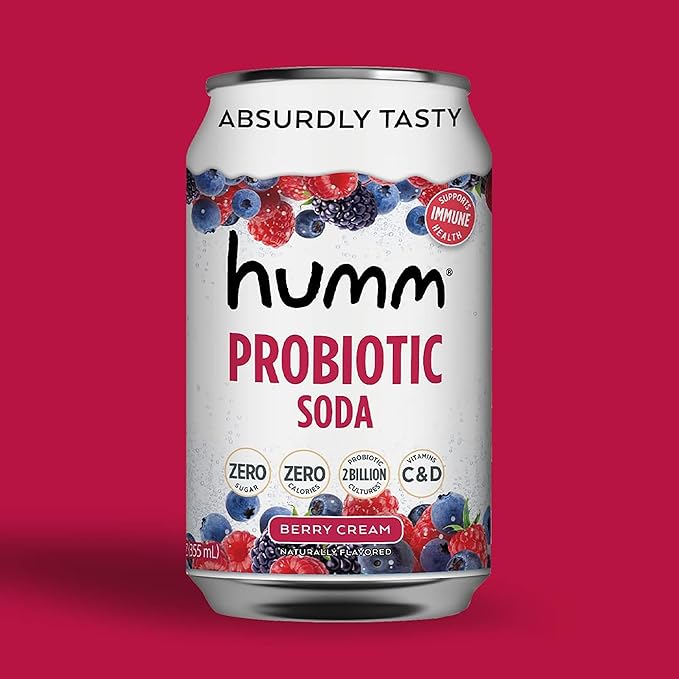 Humm Sparkling Probiotic Berry Cream Soda Zero Sugar Zero Calorie 2 Billion Probiotics Vitamin C D and B12 12 fl oz (12 Pack)