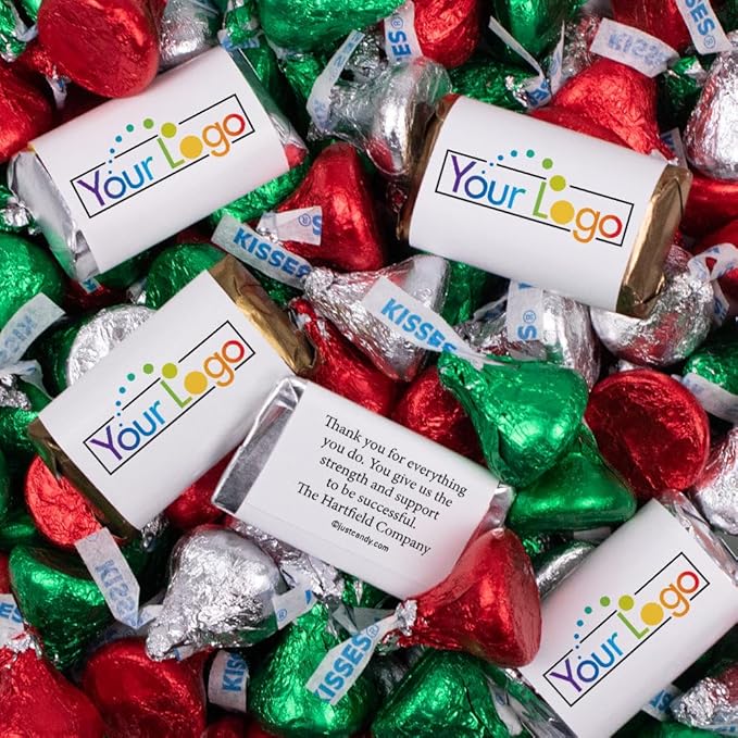 Personalized Candy Promotional Products Add Your Logo or Photo Party Favors 41 Custom Chocolate Miniatures and Approx. 90 Bulk Christmas Kisses (Approx. 131 Pcs)