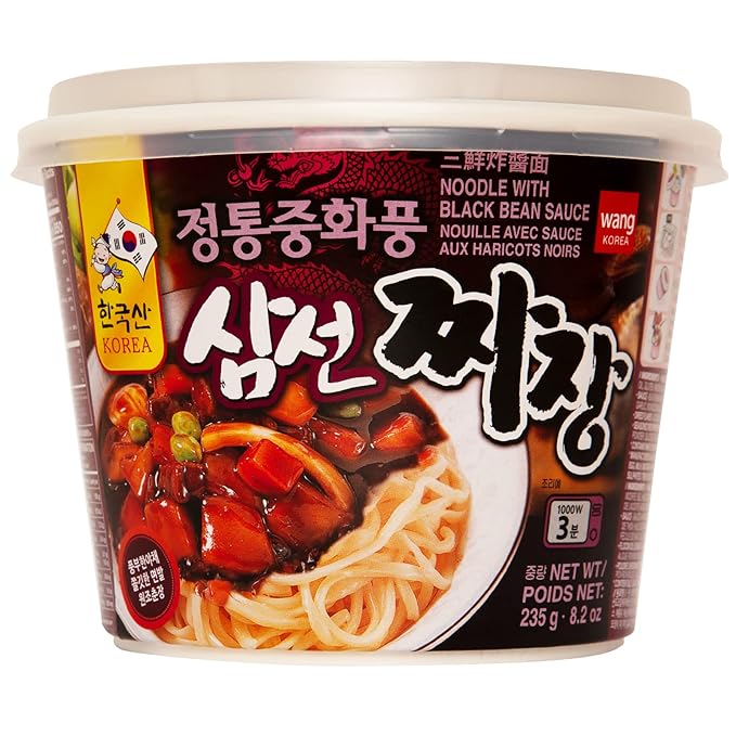 Wang Jjajangmyeon Black Bean Noodles Instant Bowl – Sweet Savory Black Bean Sauce Thick Chewy Noodles Microwave Meal Ready in 3 Minutes Pack of 1