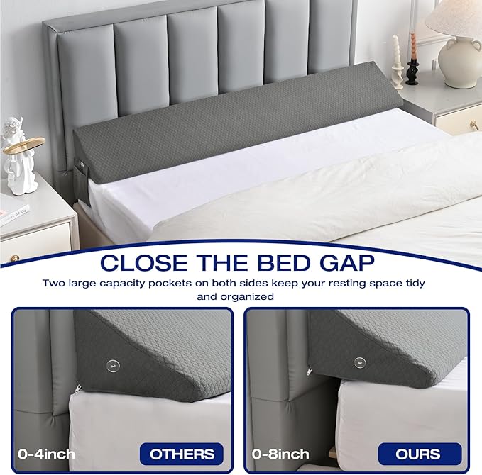 Queen Bed Wedge Pillow for Bed Headboard Gap Filler Light Grey Long Triangle Corner Nora PillowsDense FoamAvoid Things DropsBetween Queen Mattress and FramesUpraise Pillow for Sleeping Bedding