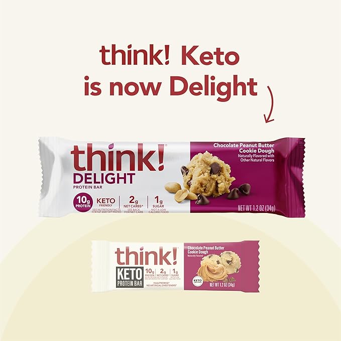 think! Delight Keto Protein Bars Healthy Low Carb Gluten Free Snack - Chocolate Peanut Butter Cookie Dough 10 Count (Packaging May Vary) (Pack of 2)