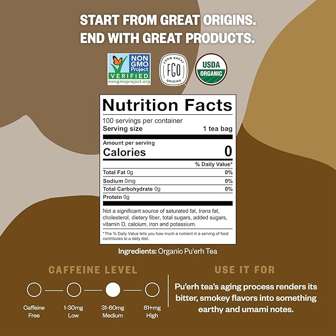 FGO Organic Pu'erh Tea 100 Count Eco-Conscious Black Tea Bags Resealable Bag Packaging May Vary (Pack of 1)