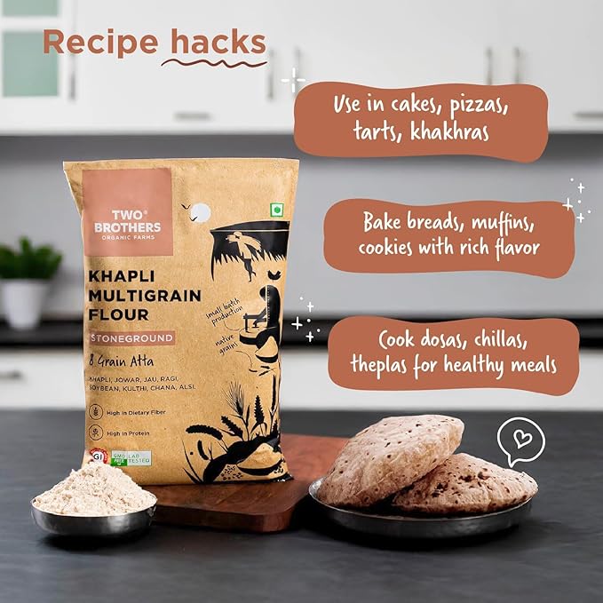 Khapli Multigrain Atta | Emmer Flour | 8 Super Grains Flour Mix | Diabetic Friendly | High Fibre &amp High Protein | Low GI Atta | Emmer Jowar Jau Ragi Soybean  Chickpea | 2kg from Two Brothers