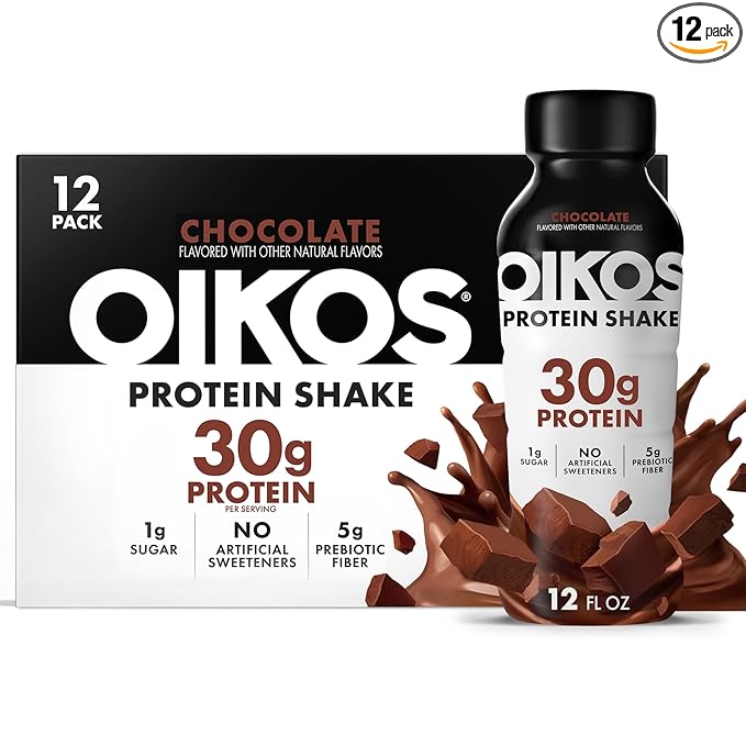 Oikos Protein Shake Chocolate 30g High Protein Drinks Shelf Stable Ready to Drink 5g Prebiotic Fiber 12 fl oz Bottle 12 Count