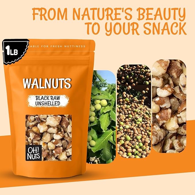 Oh! Nuts Black Raw Unshelled Walnuts - Fresh Chopped Walnuts - 1 lb Bulk Bag - Black Walnut for Baking Snacking Salads &amp Desserts - Vegan Keto Kosher