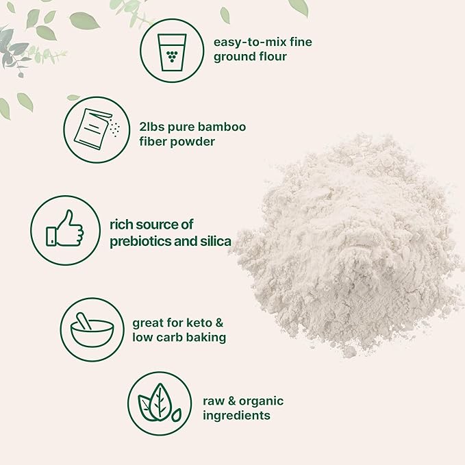 Organic Bamboo Fiber Powder 2lbs | Keto Flour for Low-Carb Baking &amp Cooking | Low Calorie Flour | Rich in Silica Prebiotics &amp Minerals | Non-GMO Keto Friendly Gluten Free