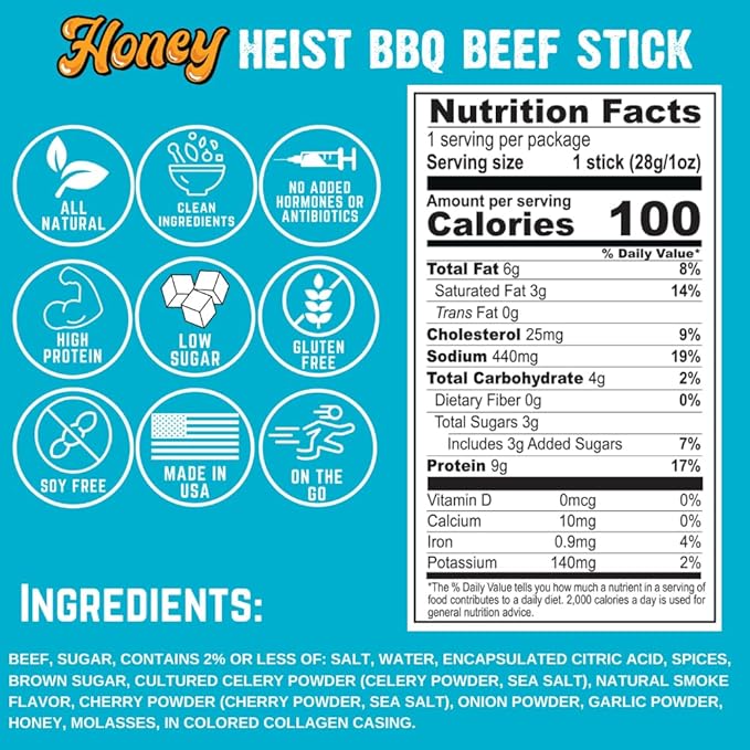 Righteous Felon Meat Sticks | 100% Grass Fed Beef | 9g Protein per Stick | Keto Gluten-Free Low Sugar High Protein Snack Sticks | Individually Wrapped | Honey Heist BBQ Beef Sticks 10 Count