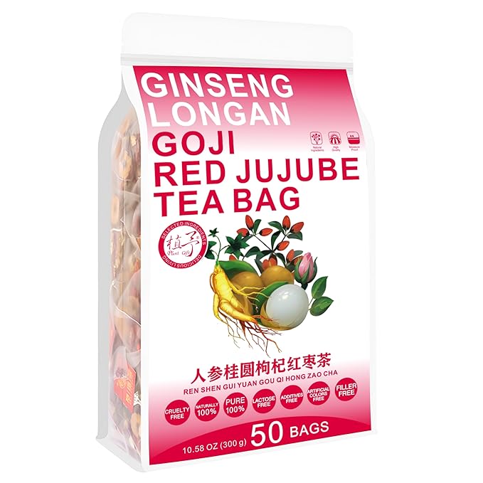 100% Pure Natural Herbal Tea Ginseng Longan Goji Tea Bag 300g/10.58oz (6g*50bags) REN SHEN GUI YUAN GOU QIHONG ZAO CHA Goji Brown Sugar Red Bean Peanut Caffeine Free No Additives Non-GMO