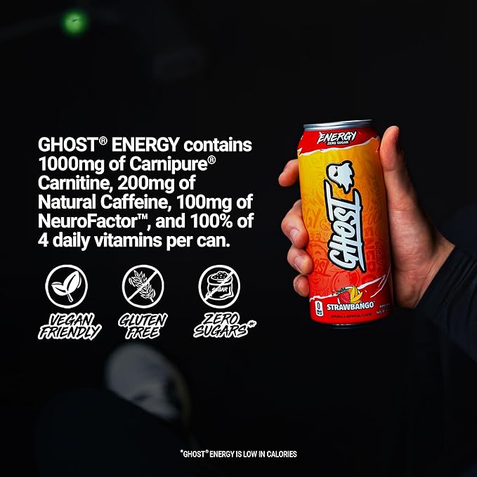GHOST Energy DrinkStrawbango16oz - Energy &amp Focus &amp No Artificial Colors - 200mg of Natural CaffeineL-Carnitine-&amp Taurine - Gluten-Free-&amp Vegan(Pack of 24)