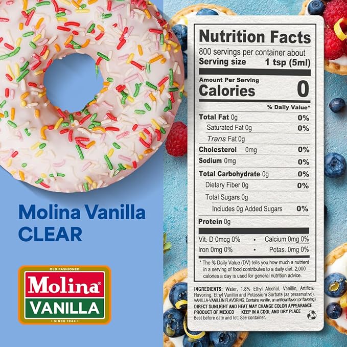 Molina Clear Vanilla Extract 1 Gallon (135.3 oz) Perfect for Baking Enhances Flavor Without Altering Dessert Color High-Quality Vanilla Flavoring for Cakes Cookies and Pastries - (Packaging may v