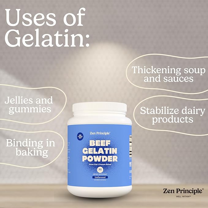 Zen Principle Grass-Fed Gelatin Powder 3 lb. Custom Anti-Aging Protein for Healthy Hair Skin Joints &amp Nails. Paleo and Keto Friendly. Cooking and Baking. GMO-Free and Gluten-Free. Unflavored.