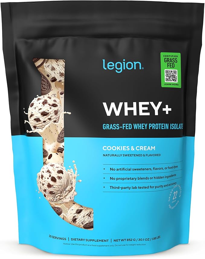 LEGION Whey+ Protein Whey Isolate from Grass Fed Cows (Cookies &amp Cream 30 Servings) - Whey Protein Isolate Powder Low Calorie Non-GMO Sugar Free Lactose and Gluten Free All Natural Protein Po