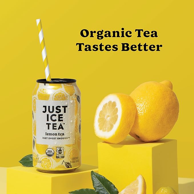 Just Ice Tea Lemon Flavored Black Iced Tea 24-Pack (12oz Cans) USDA Certified Organic Real Brewed Low Calorie No Artificial Sweeteners Fair Trade Made in USA.