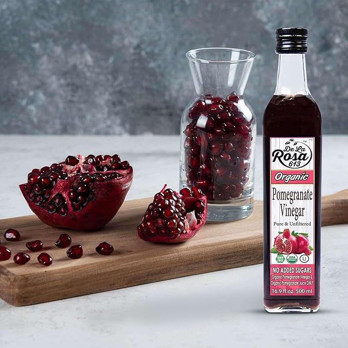De La Rosa Organic Pomegranate Vinegar Pure &amp Unfiltered Vegan Gluten Free &amp Kosher Great for Salad Dressing Marinades 100% Pure Pomegranate Vinegar 16.9 Oz (pack of 2)