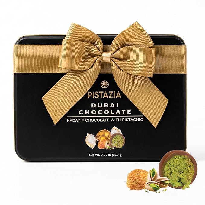 Pistazia Dubai Chocolate Balls – 8.8 oz (250g) – Premium Dubai Chocolate Pistachio Candy Gift Box in Black Metal Tin Real Chocolate