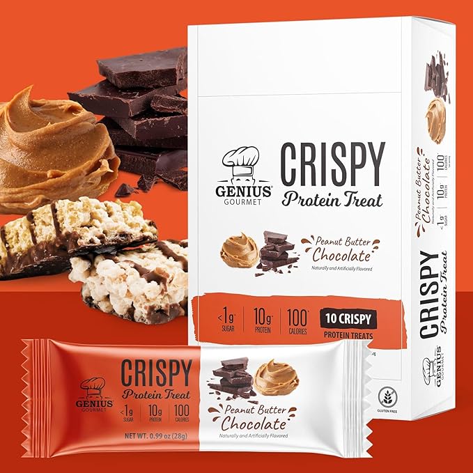 Genius Gourmet Crispy Protein Treat Chocolate Peanut Butter Keto Snack Low Carb Low Sugar &amp Gluten Free Protein Snacks for Adults 10G of Whey Protein per Protein Bar 5 Net Carbs 10 CT
