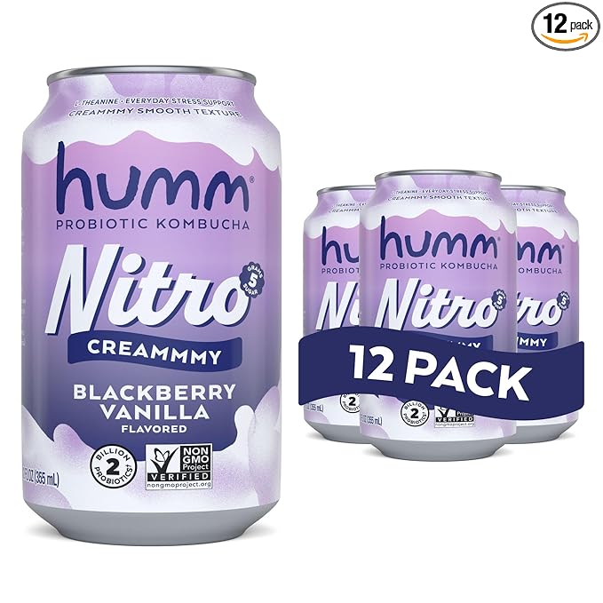 Humm Nitro Kombucha Blackberry Vanilla Creamy Smooth Probiotic Drink with L-Theanine Non-GMO Vegan Gluten Free 12 fl oz (Pack of 12)