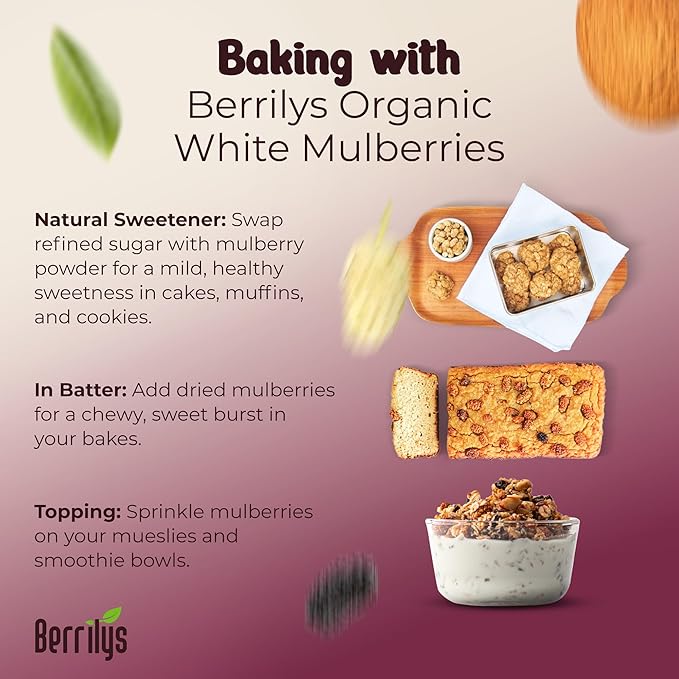 Berrilys Organic Dried White &amp Black Mulberries - Sun-Dried - Homemade Recipes - Chewy Fruit - Ideal for Snacks Baking &amp Smoothies - Non-GMO Raw Vegan - Breakfast Bowls Yogurt Trail Mix -