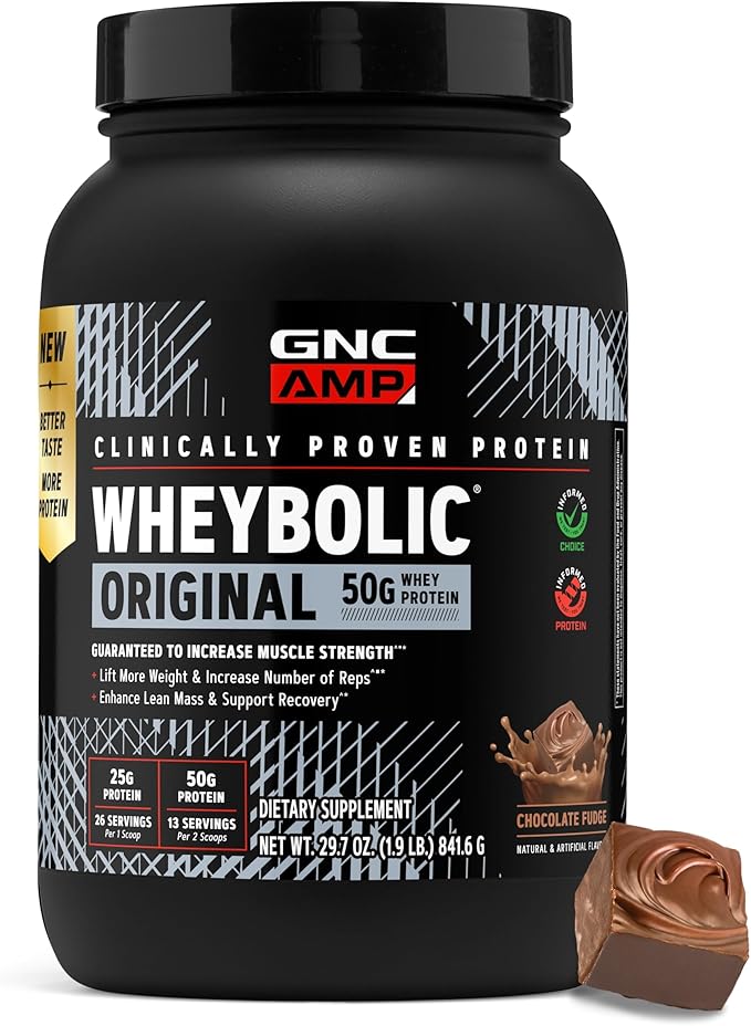GNC AMP New Wheybolic- Clinically Studied Whey Protein Powder for Workouts &amp Active Lifestyles- High Leucine Content- Smooth Mixing Drink Mix for Fitness Shakes- Chocolate Fudge- 29.7 Oz (13 Servi