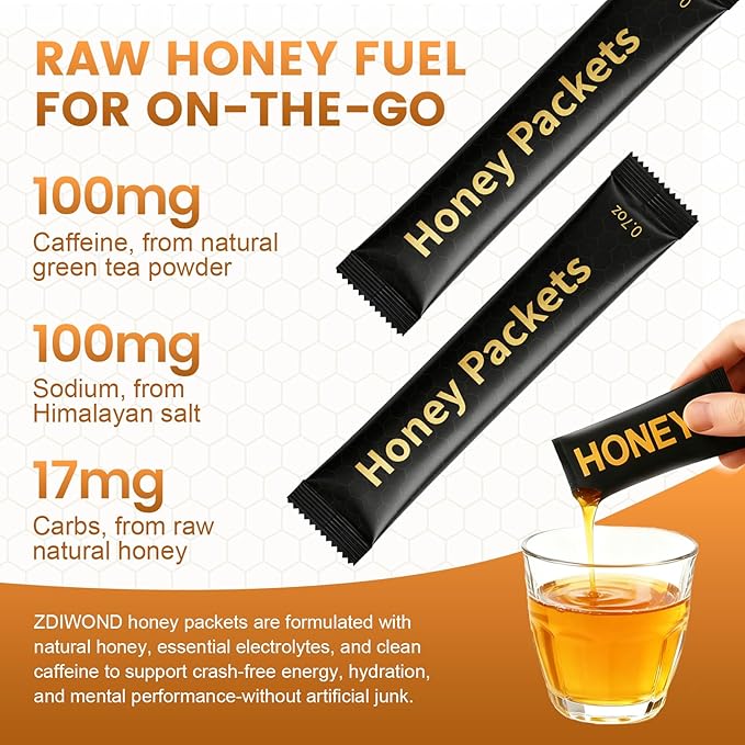 Nutrition Honey Packets Organic Honey Energy Packets with Green Tea Caffeine Himalayan Salt and Lion's Mane Mushroom Workout Gels for Exercise Running &amp Hiking 20 Pack