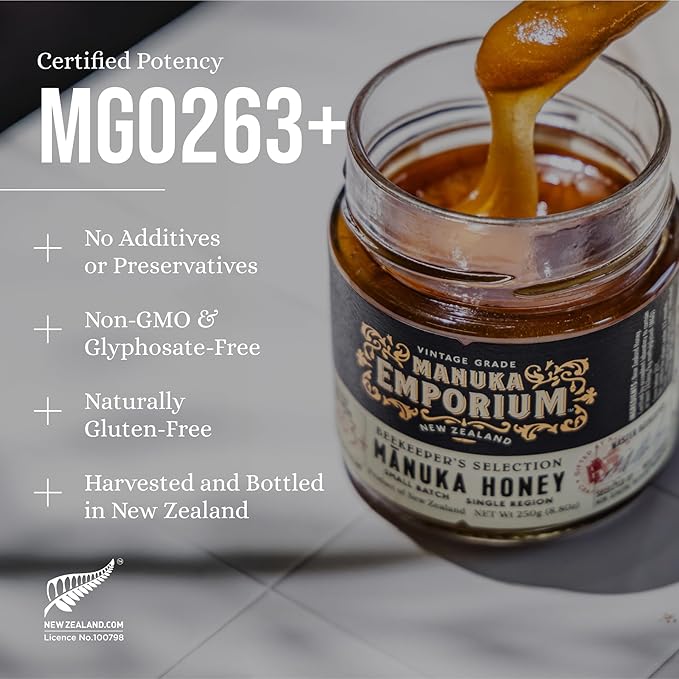 Manuka Emporium Raw Manuka Honey Bundle MGO 263+ | 8.8oz Jar &amp 24 x 0.18oz Single-Serve Packets | Certified Monofloral New Zealand Honey for Immune Support Wellness &amp Travel