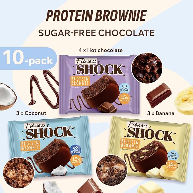 FitnesSHOCK Dark Chocolate Protein Brownie Variety Pack – Low Sugar Dessert Snack (2g Total Sugar No Added Sugar) – Banana Coconut &amp Dark Chocolate – Healthy Snack Pack – 10 Count