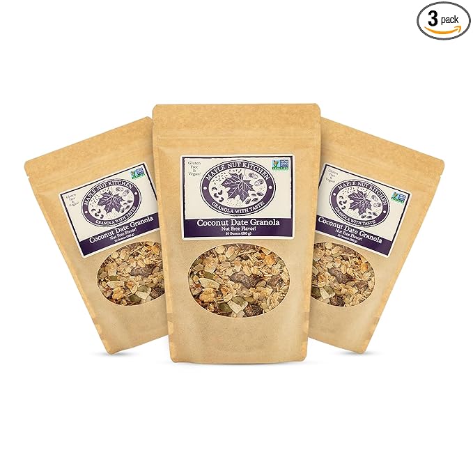 Maple Nut Kitchen Coconut Date Granola 3 Pack – Gluten-Free Vegan &amp Nut-Free Granola with Certified Oats Pumpkin Seeds Coconut Chips &amp Diced Dates – Low Sugar Crunchy Healthy Breakfast