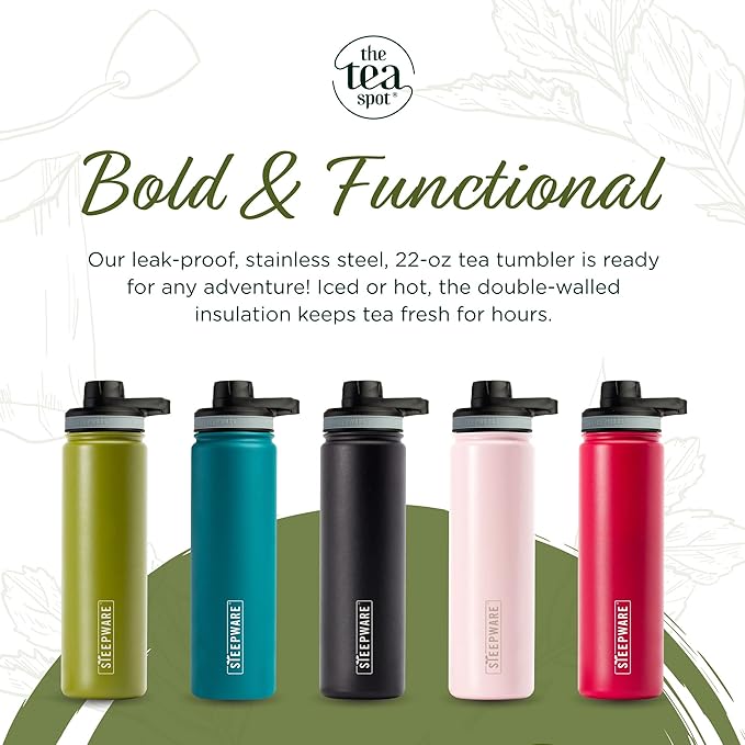 The Tea Spot Steepware Tea Tumbler and Thermos 22oz Tea Bottle with tea infuser for loose leaf tea or iced coffee Sleek Double Wall Tumbler &amp Insulated Travel Bottle - Rose