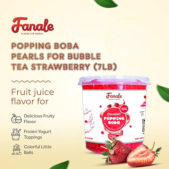 Fanale Strawberry Popping Boba Pearls Vegan Non GMO Gluten Free Fat Free Perfect for Bubble Tea Smoothies Ice Cream Desserts and Beverages.