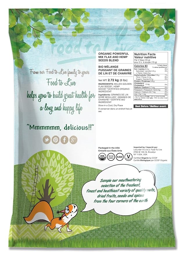 Food to Live - Organic Powerful Flax and Hemp Seeds Blend 6 Pounds — Non-GMO Mix of Raw Hemp Hearts and Cold-Milled Golden Flaxseeds Vegan Kosher