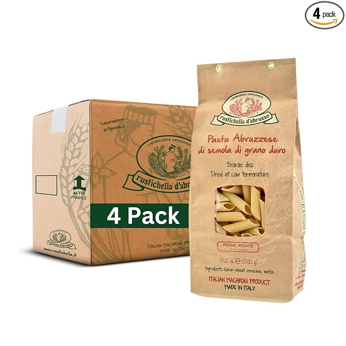 Rustichella d'Abruzzo Penne Rigate Pasta (Pack of 4) 500g Each - Classic Durum Wheat Short Pasta with Ridges - Ideal for Sauces - Cooks in 10-12 Minutes - Authentic Italian Pasta