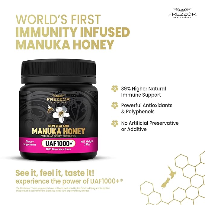 FREZZOR Premium Raw Manuka Honey New Zealand with UAF1000 Perfect Daily Wellness Ritual Superfood 6 Jars (8.8oz/250g per jar)