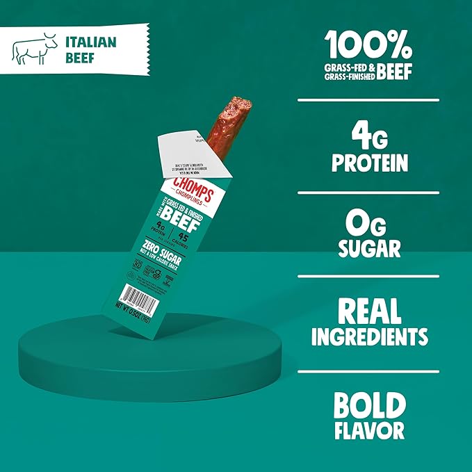 Chomps Snack Size Grass-Fed Italian Beef Jerky Snack Sticks 0.5oz 24-Pack - Keto Paleo Whole30 4g Lean Meat Protein Gluten-Free Zero Sugar Food Non-GMO Chomplings