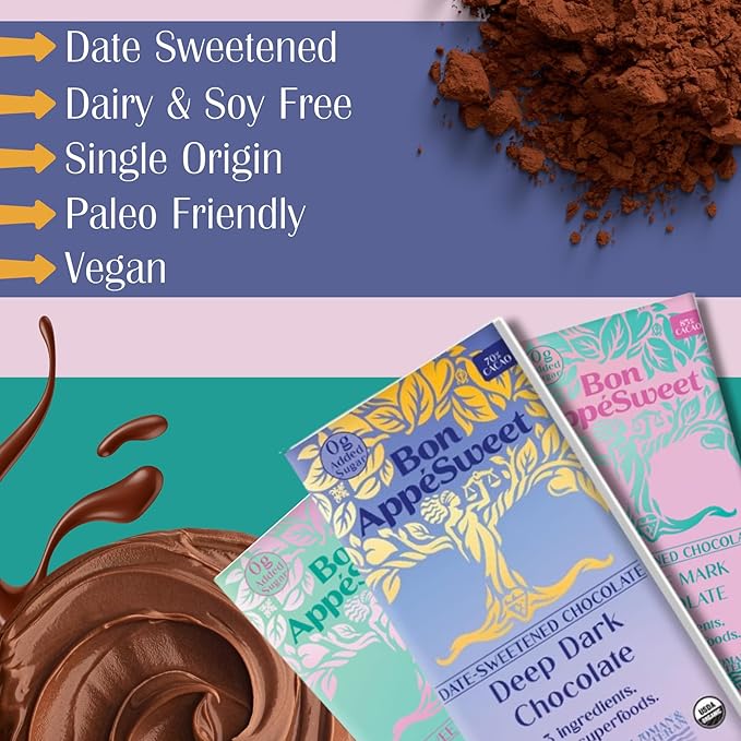 Bon Appesweet Date Sweetened Chocolate Bar - Darker Variety Pack | 2.2 Ounce (Pack of 3) | Organic Zero Added Sugar 70-85% Cacao Plant Based Dairy Free and Guilt Free!