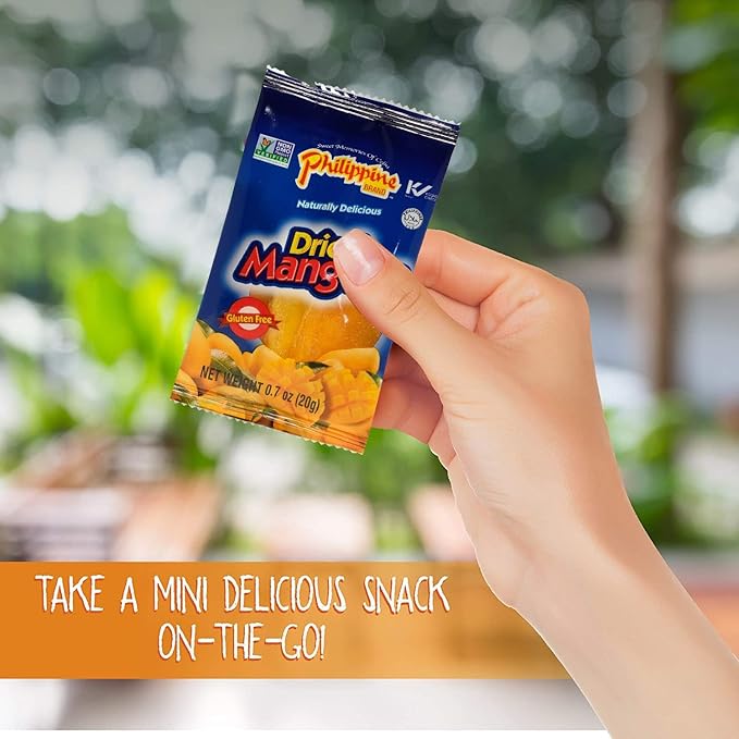 Philippine Brand Dried Mangoes Fruit Snacks- All Naturally Gluten Free Vegan Hand-Selected Delicious Fresh Mangos from Philippines Grab and Go Perfect for Office &amp School Food (.7oz (24 Pack))