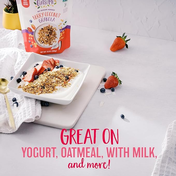 Oatsome Granola Variety Pack - Berry Coconut (6g Protein) Vanilla Almond (5g Protein) Blueberry (10g Protein) Hot Honey (5g Protein) - Gluten Free Organic Oats 10 Oz Bags