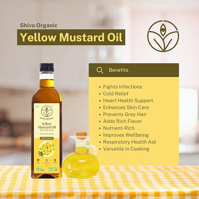 Shiva Organic Cold-Pressed Yellow Mustard Oil - 100% Natural Certified Organic - 1L (33.8 fl oz) for Cooking Massage and Hair Care