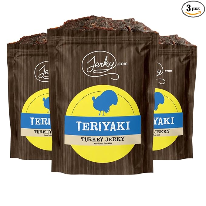 Jerky.com's Teriyaki Turkey Jerky - 3 PACK - Try Our Best Tasting Turkey Jerky Made From Whole Muscle Turkey Breast - No Added Preservatives No Added Nitrates and No Added MSG - 7.5 total oz.