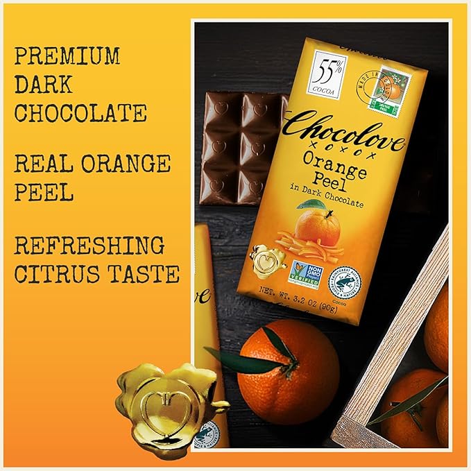 Chocolove Orange Peel Dark Chocolate Bars | 55% Cocoa | Tangy Orange Peel Bits | Smooth &amp Sweet | Premium Dark Chocolate |Non GMO Rainforest Alliance Certified 3.2oz Bar (12 Pack)