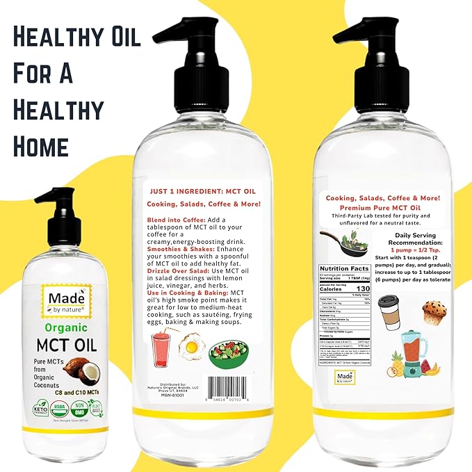 Made By Nature Organic MCT Oil 32 oz Pure MCTs from Coconuts C8 and C10 MCTs Keto Diet Friendly Use in Coffee High Bioavailability