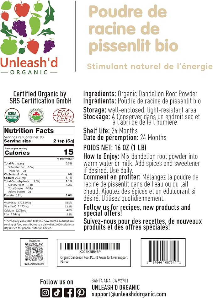 Unleash’d Organic Dandelion Root Powder 16oz – Organic Vegan for Tea &amp Drinks Detox and Digestive Support