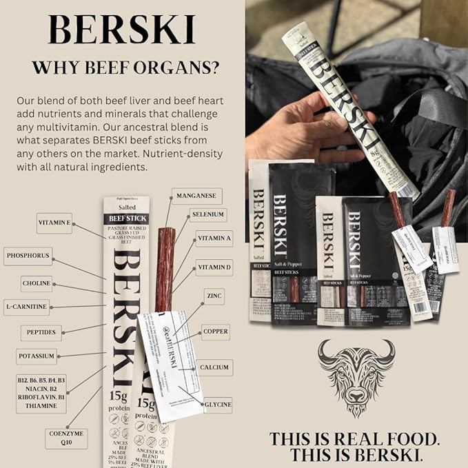 BERSKI – 2 Pack Bundle Salt &amp Pepper Beef Sticks – 100% Grass-Fed Grass-Finished – Ancestral Blend with Liver &amp Heart – Keto Paleo – Regeneratively Raised USA Beef (1oz + 1.9oz Sticks)