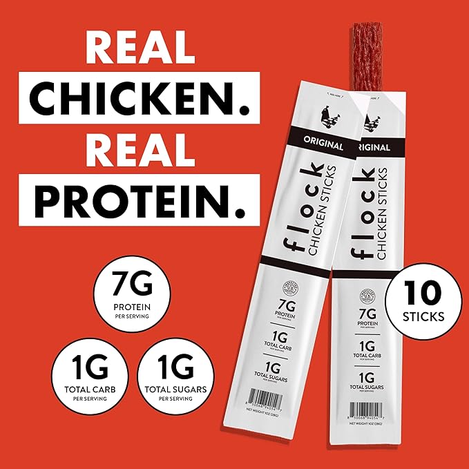 Flock Chicken Meat Sticks 10 Count | GLP-1 Friendly High Protein Chicken Sticks 7g Protein | Healthy Meat Snacks Keto | Protein Meat Sticks Low Carb | Gluten Free Healthy Protein Snack