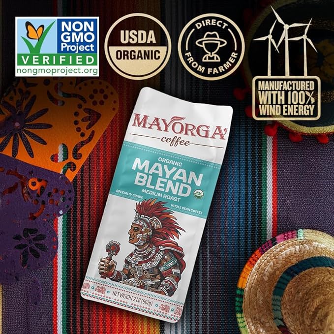 Mayorga Organic Coffee 2lb Mayan Blend - Medium Roast Whole Bean Coffee Specialty Grade 100% Arabica Slow Roasted Chocolate and Floral Flavor with Low Acidity - USDA Organic Non-GMO Kosher